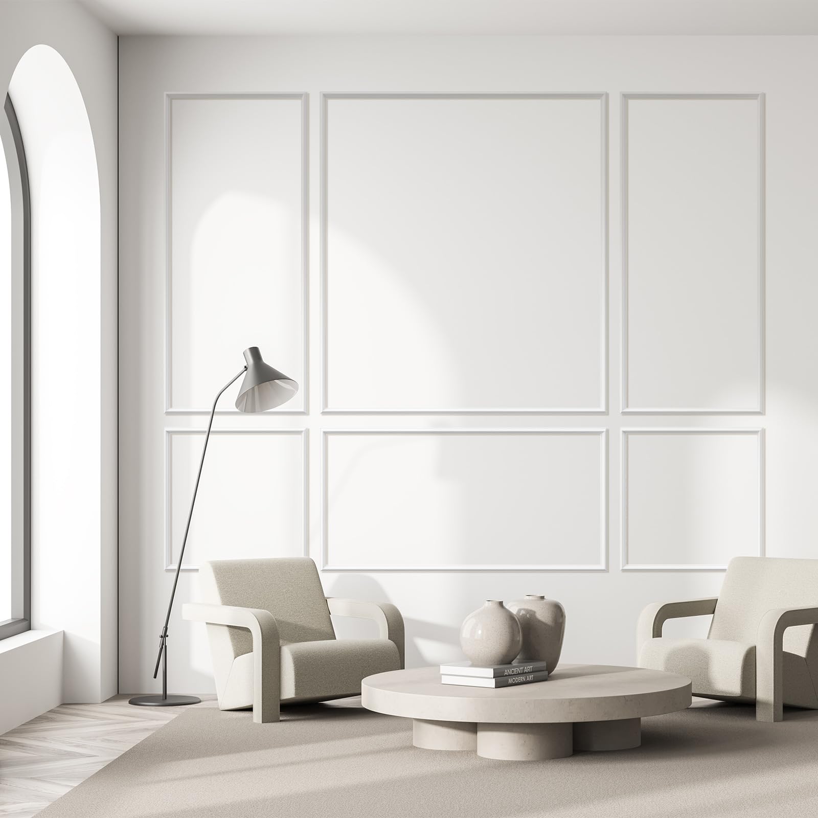 Kit Molduras de Pared Autoadhesivas 6 Marcos, Paneles Decorativos Pre Cortados para Decoración de Pared Interior, Molduras Estilo Marco DIY para Salón Dormitorio Pasillo Pared de Acento
