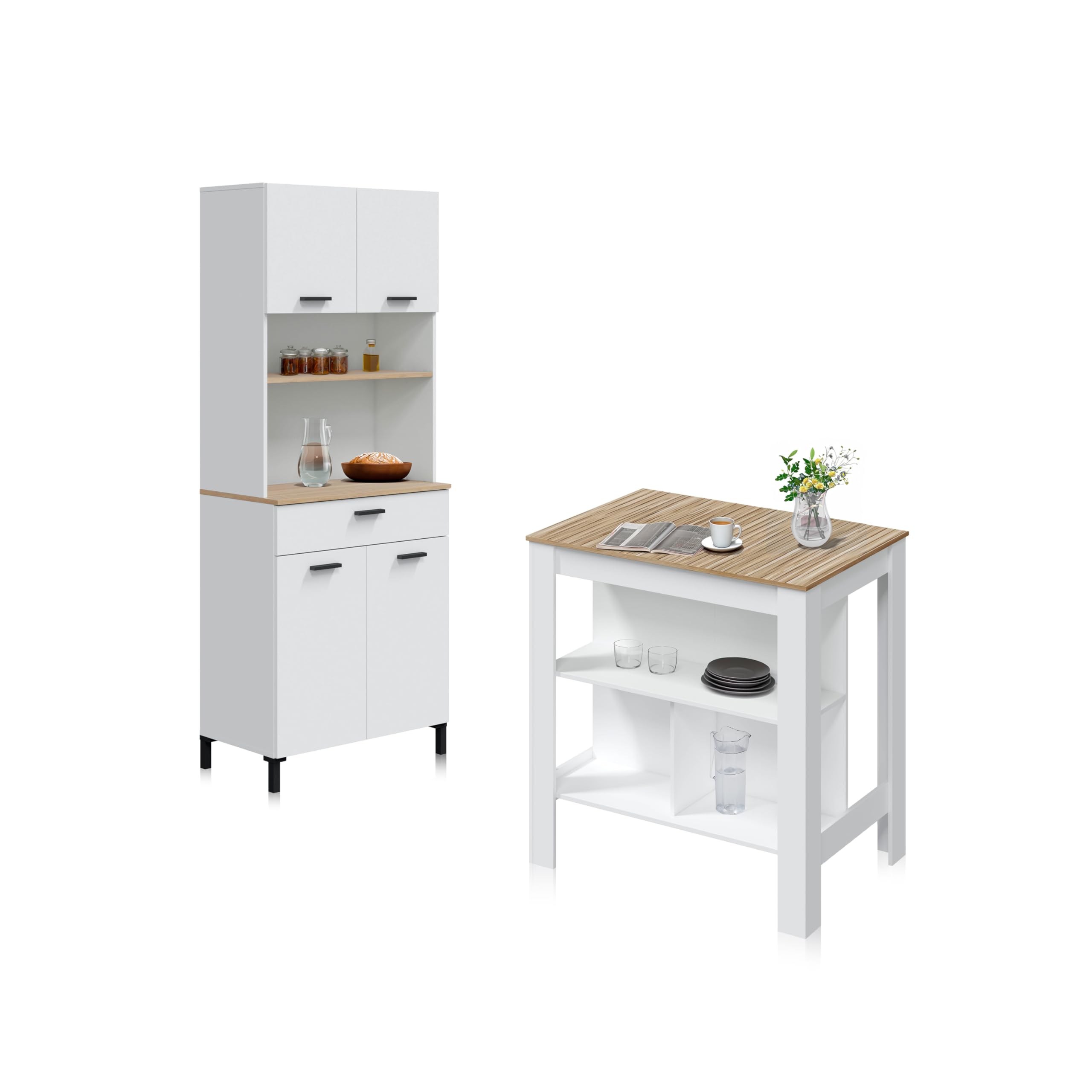 duehome | Nitza, Pack de Alacena + Mesa Alta, Conjunto de Cocina, Conjunto Auxiliar, Acabado en Blanco Artik, y Natur