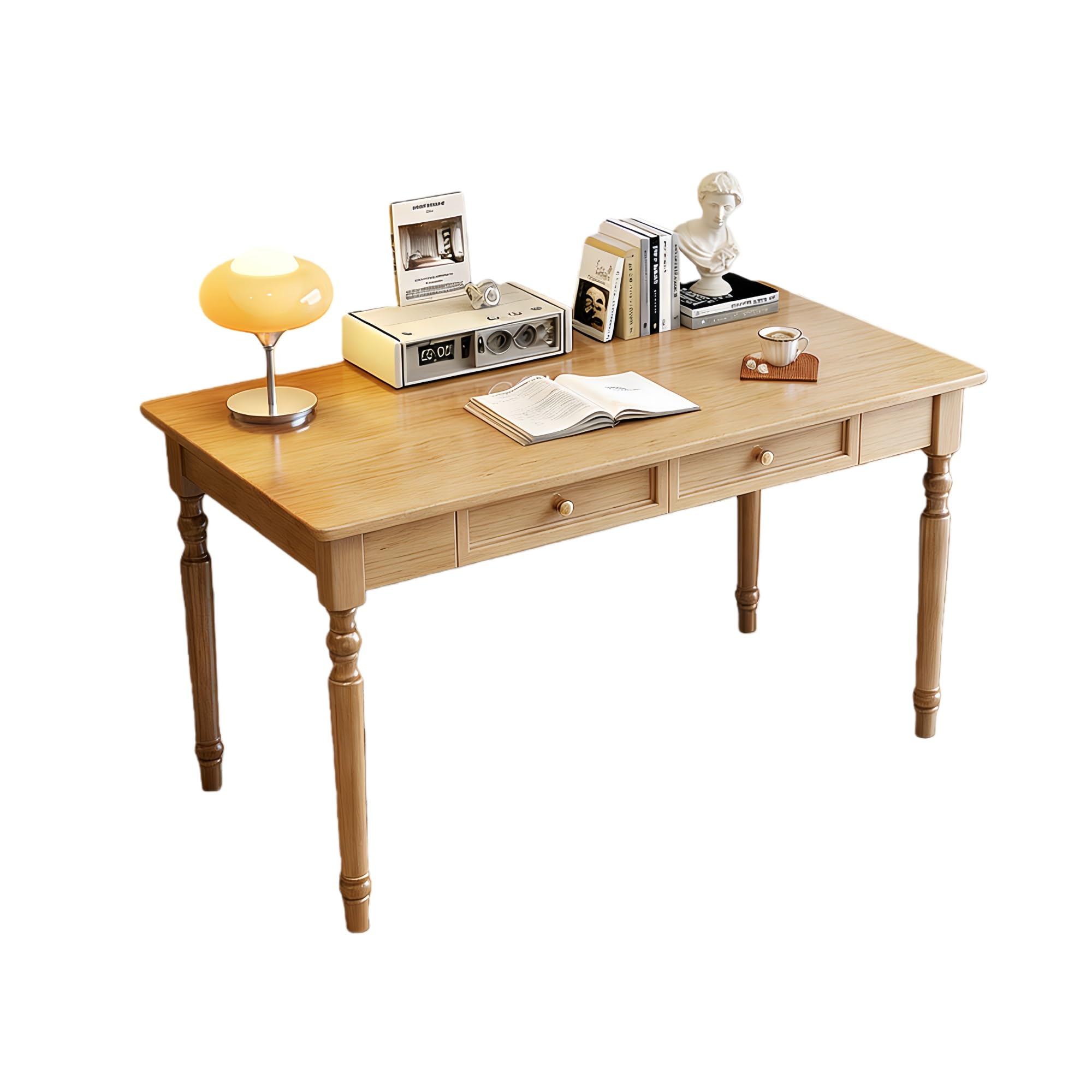 Tavolo consolle in legno massello, stile vintage, gambe a mandrino, postazione di lavoro per camera da letto e soggiorno, spaziosa, altezza 76,2 cm, con cassetti, finitura naturale