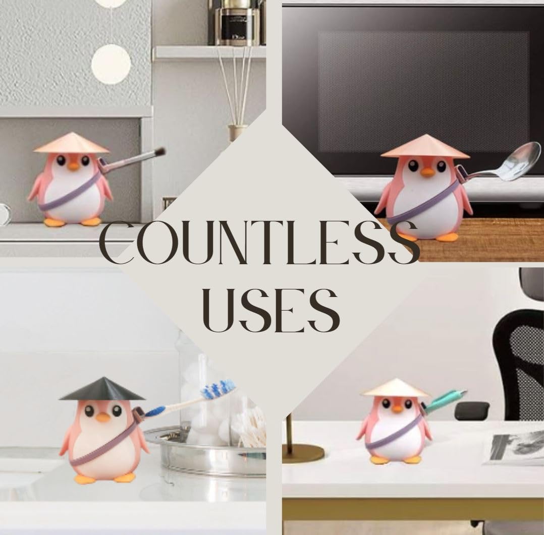 Customizable Samurai Penguin Utensil Tool Holder 3D Printed PLA - BPA-Free, Heat Resistant for Kitchen and Office (Samurai: Pink Body, Black Hat, Black Sash)