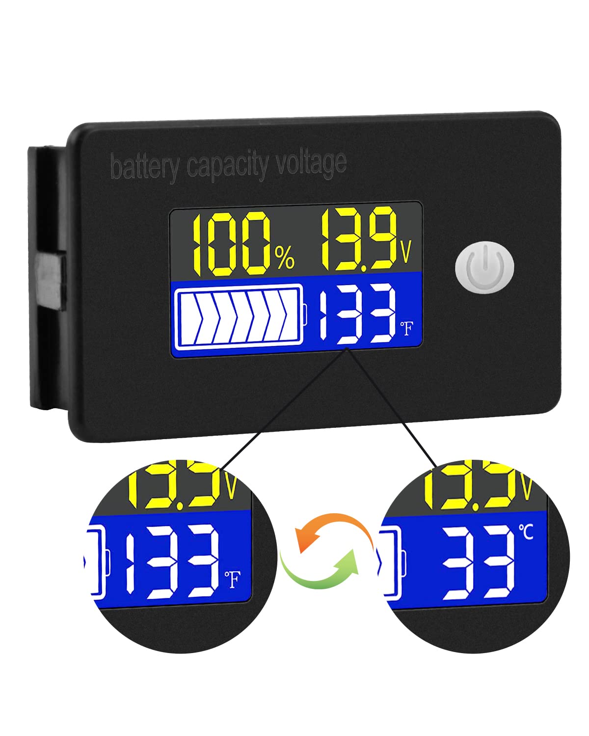 Voktta Battery Capacity Voltage Meter showing temperature in Celsius and Fahrenheit