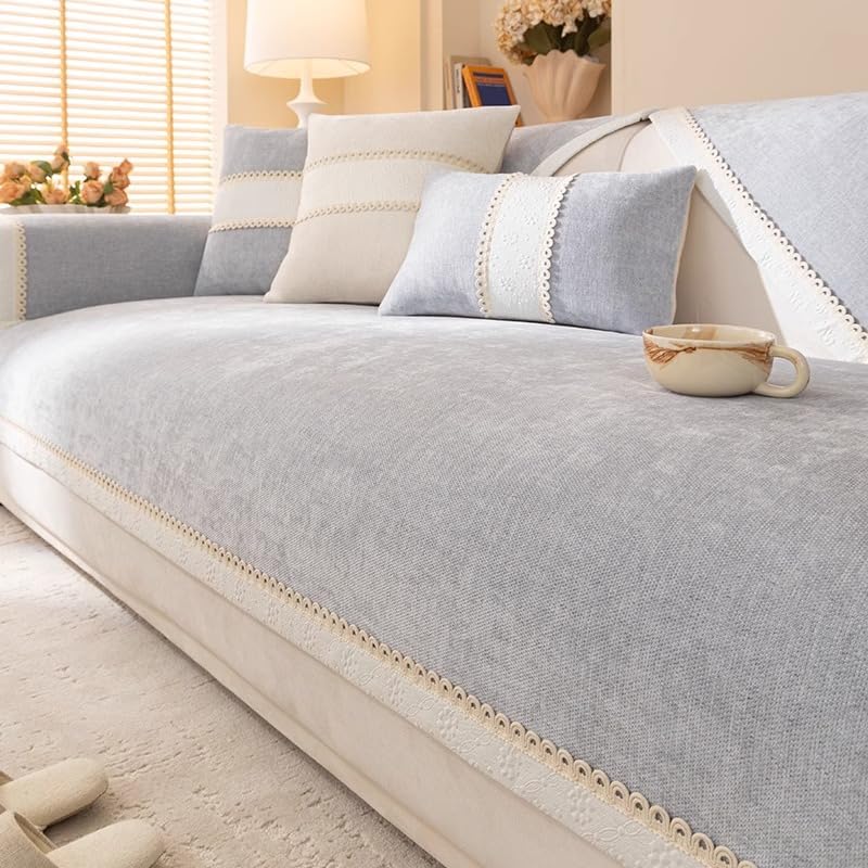 Housse de canapé d'angle en chenille grise lavable 70x180cm