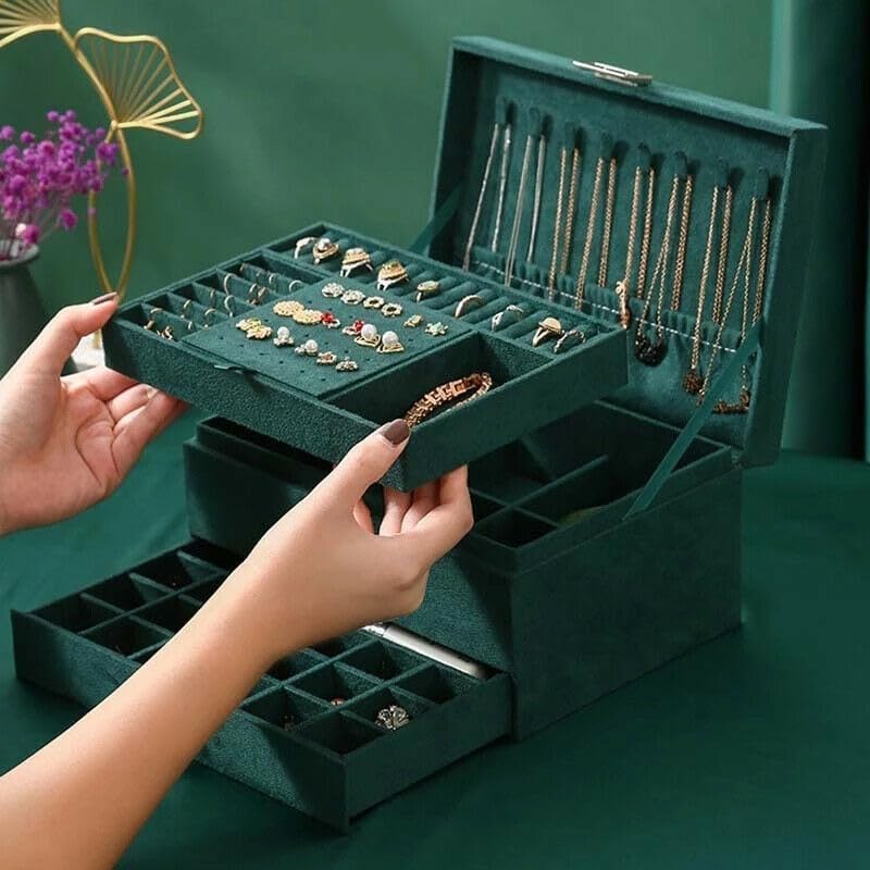 Image of Velvet Three Layer New Vintage Flannel Jewelry Box Earrings Earrings Rings Necklace Bracelets Jewelry Organiser Storage Case With Drawer For Girls Women Dark Green (AB-05)