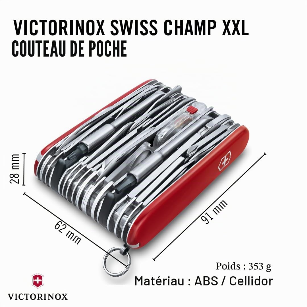 Victorinox Swiss Champ XXL, Couteau de Poche Suisse, Multifonction, Léger, 73 Fonctions, Grande lame, Petite lame, Lame serpette