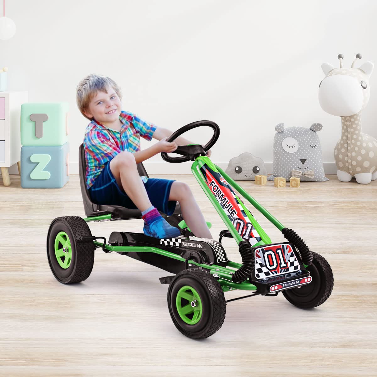 GYMAX Go-Kart a Pedali per Bambini con Sedile Regolabile con Freno e Frizione per Bambini 3-8 Anni, 98 x 59 x 61 cm (Verde)