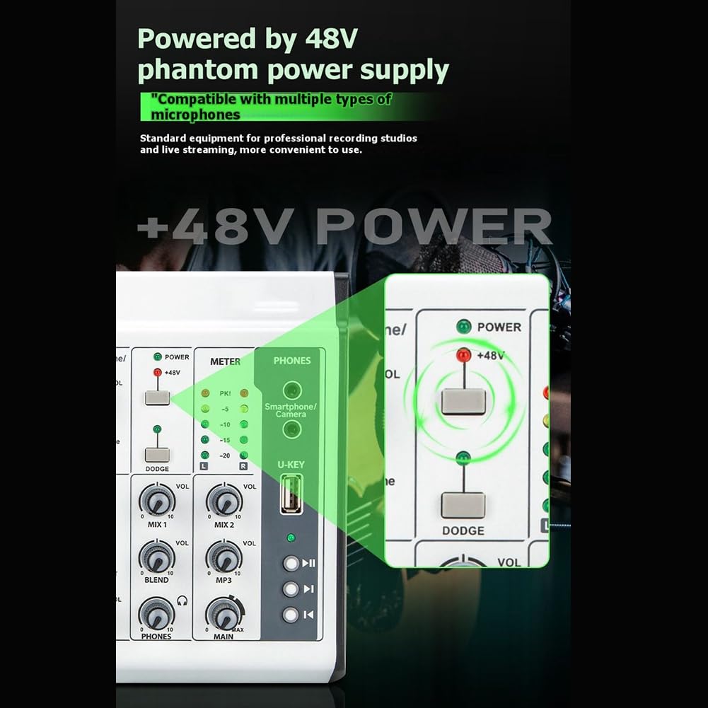 Mezclador de Audio OTG de 6 Canales con Conexión Bluetooth y USB, Transmisión en, Grabación, Ajuste de Frecuencia Alta y Baja de 48V.
