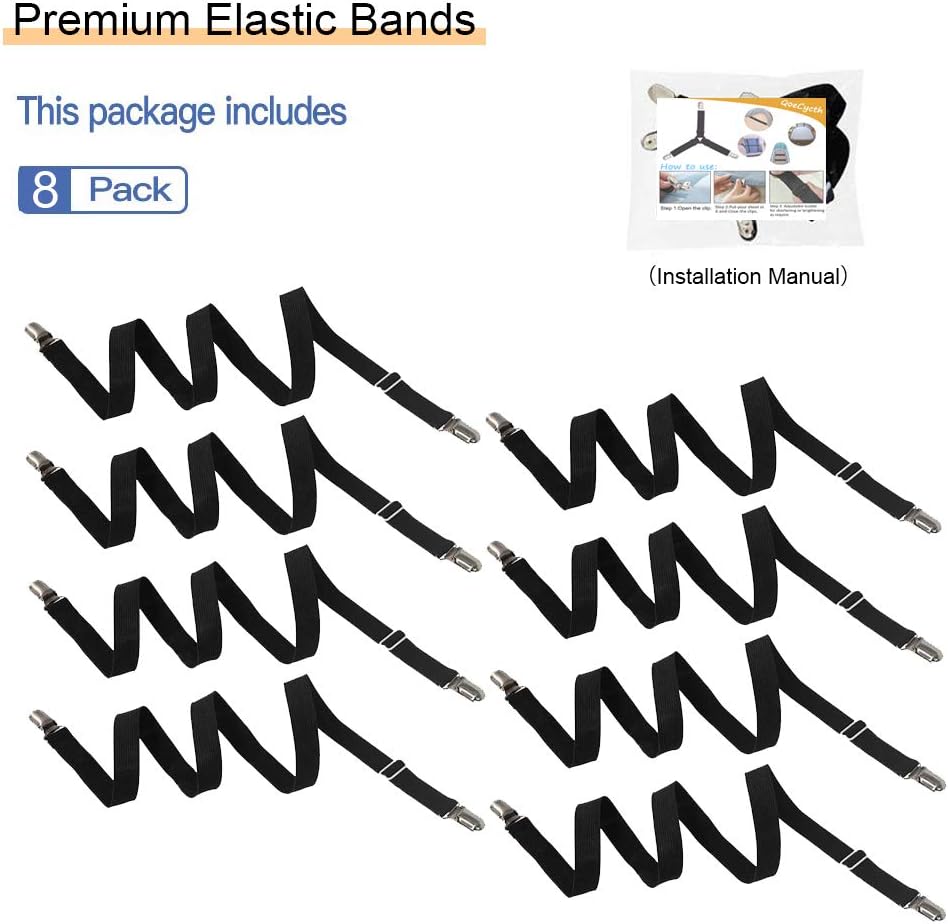 Adjustable Bed Sheet Straps Clips, Elastic Mattress Sheet Fasteners Holder and Suspenders, Grippers to Hold Sheet, Mattress, Sofa, Couch, Table Cloth, Ironing Board Cover, 8Pcs, Black