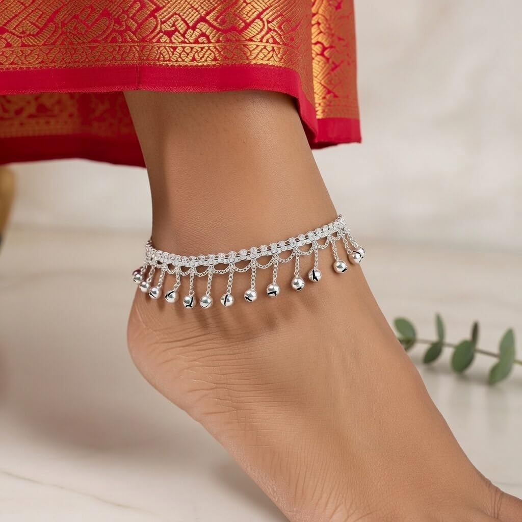 Efulgenz Indian Silver Tone Crystal Charms Tassel Chain Anklet Set Bracelet Payal Foot Jewelry