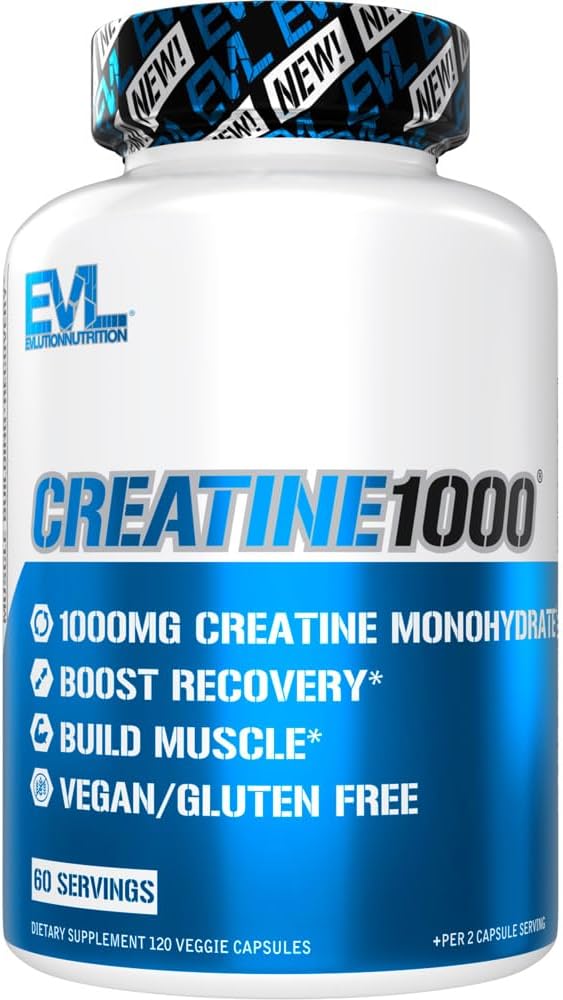 Evlution Pure Creatine Monohydrate Capsules 1000mg Nutrition Pre and Post Workout Recovery Vegan Creatine Pills for Muscle Gains and Muscle Recovery Supplement - Creatine Muscle Builder for Men