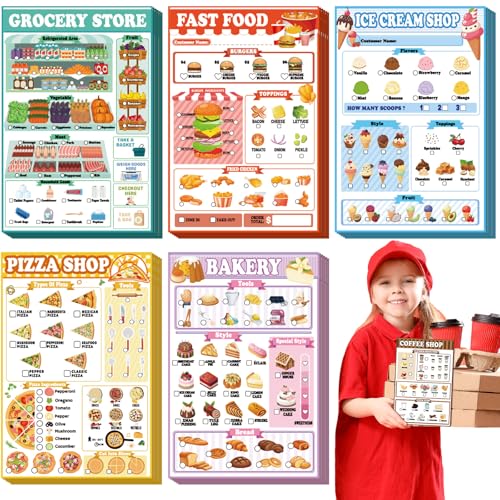 Image of Eaasty 6 Pack Kids Pretend Play Notepads 4x6 Inch,Food | 6 Career Themes Dental Police Vet Makeup Restaurant, 40 Pages per Notepad for Toddlers Imaginative Activity and Learning