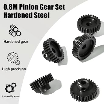 5Pcs 0.8M Hardened Steel Pinion Gear Set 5mm Shaft 26T 27T 28T 29T 30T Motor Pinion Gear with M4 Screw and Hex Key, for Arrma HPI Kyosho Losi Axial Traxxas Tamiya 1/10 RC Car and 540/550 Motors