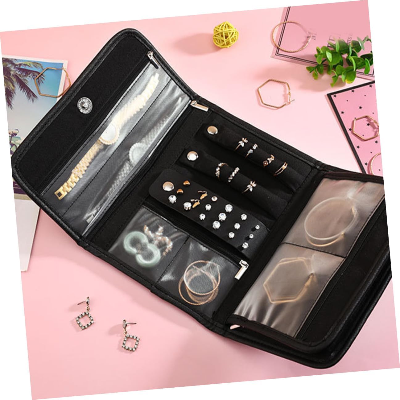 Foldable PU Jewelry Storage Organizer Roll Bag Portable Travel Pouch for Rings Earrings Necklaces Bracelets Compact Multifunctional Holder for Secure Jewelry Storage