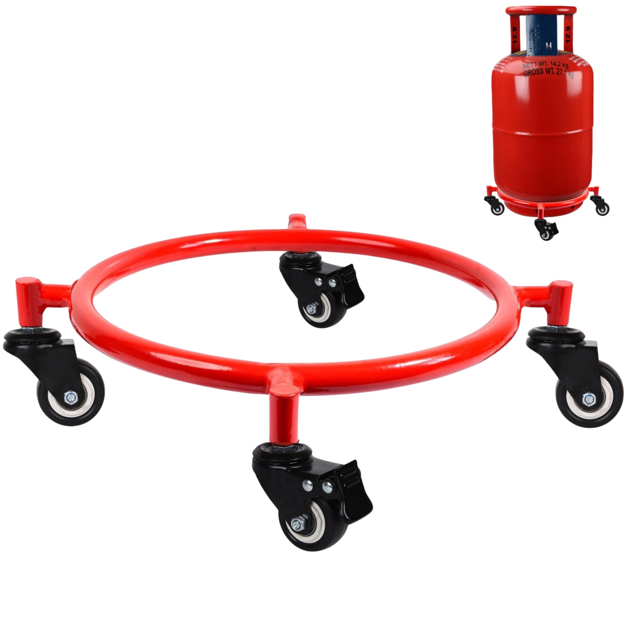 BhoolyXPro Gas Cylinder Trolley with Double Bearing Lock Wheels (2+2) – Heavy Duty Metal Stand for LPG – 360° Rotating, Anti-Rust Wheel, Sliders Red Color Utility Cart for Kitchen Use