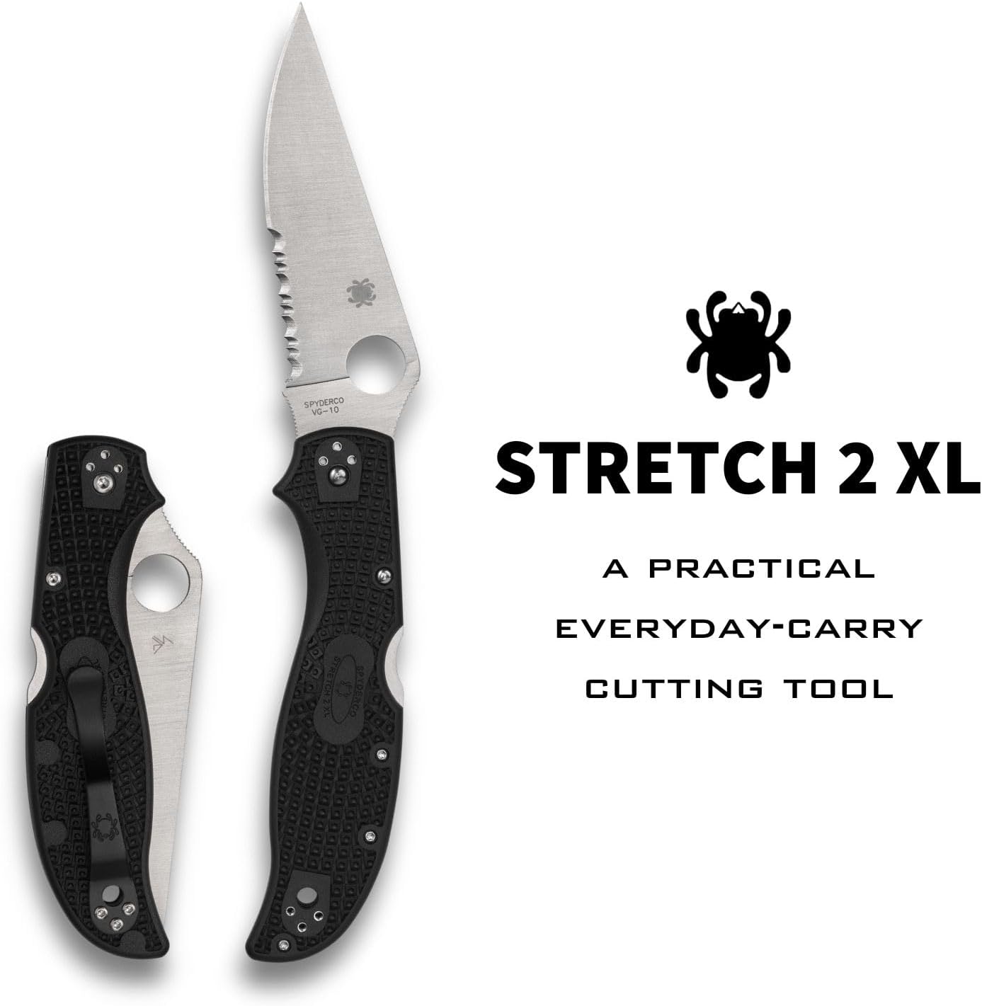 Spyderco Stretch 2 XL Folding Pocket Knife with 3" VG-10 Steel Blade and FRN Handle - EDC Knife for Men and Women, Perfect for Hunting, Tactical, Camping, Survival - CombinationEdge - C258PSBK