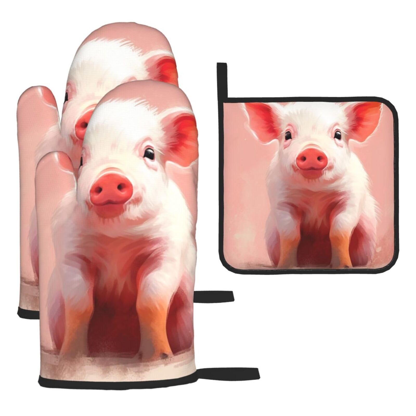 Oven Mitts and Pot Holders Set of 3 Heat Resistant Non-Slip Kitchen Gloves Hot Pads Hand Drawn Pig Oven Mitts Kitchen Mittens Gloves Non-Slip Potholders for Cooking Baking Grilling BBQ