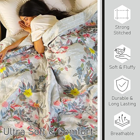 Image of Dohar Single | Double Bed 100% Cotton Blankets for Summer 90x100inch, 150GSM Ac Comforter and Cooling for Summer Classic Printed Design Quilt Ideal for Gifting (Grey Color, Single)