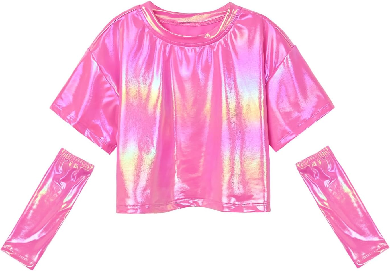 Perfashion Girls Metallic Shirts with Arm Sleeves, Shiny Crop Top for Dancing, Raves, Festivals, Costumes 4-15 Years