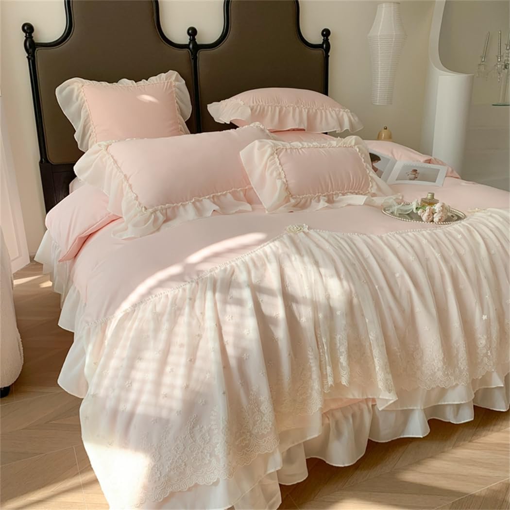 IHOUSTRIY Lace Duvet Cover Queen Size, Chiffon Ruffled Beddding Set with Flower, 3 Pieces Comforter Cover Set with Zipper Closure, Girl Princess Bedding with Pillowcase - Pink, Queen
