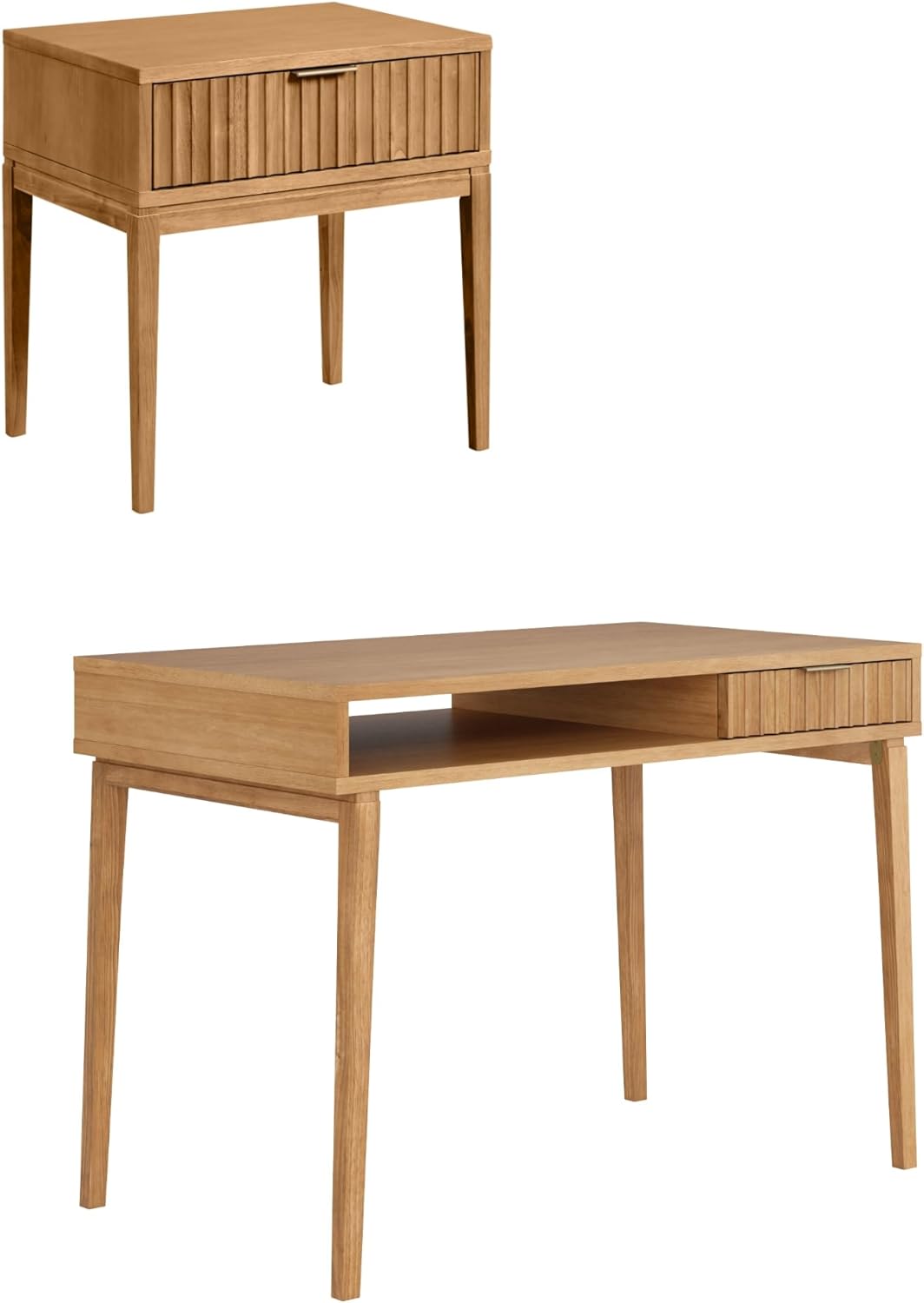 Nathan James Jasper Mid-Century Modern Desk Wall Unit, Vanity and Nightstand Set, Wood Desk with Drawer and Side Table