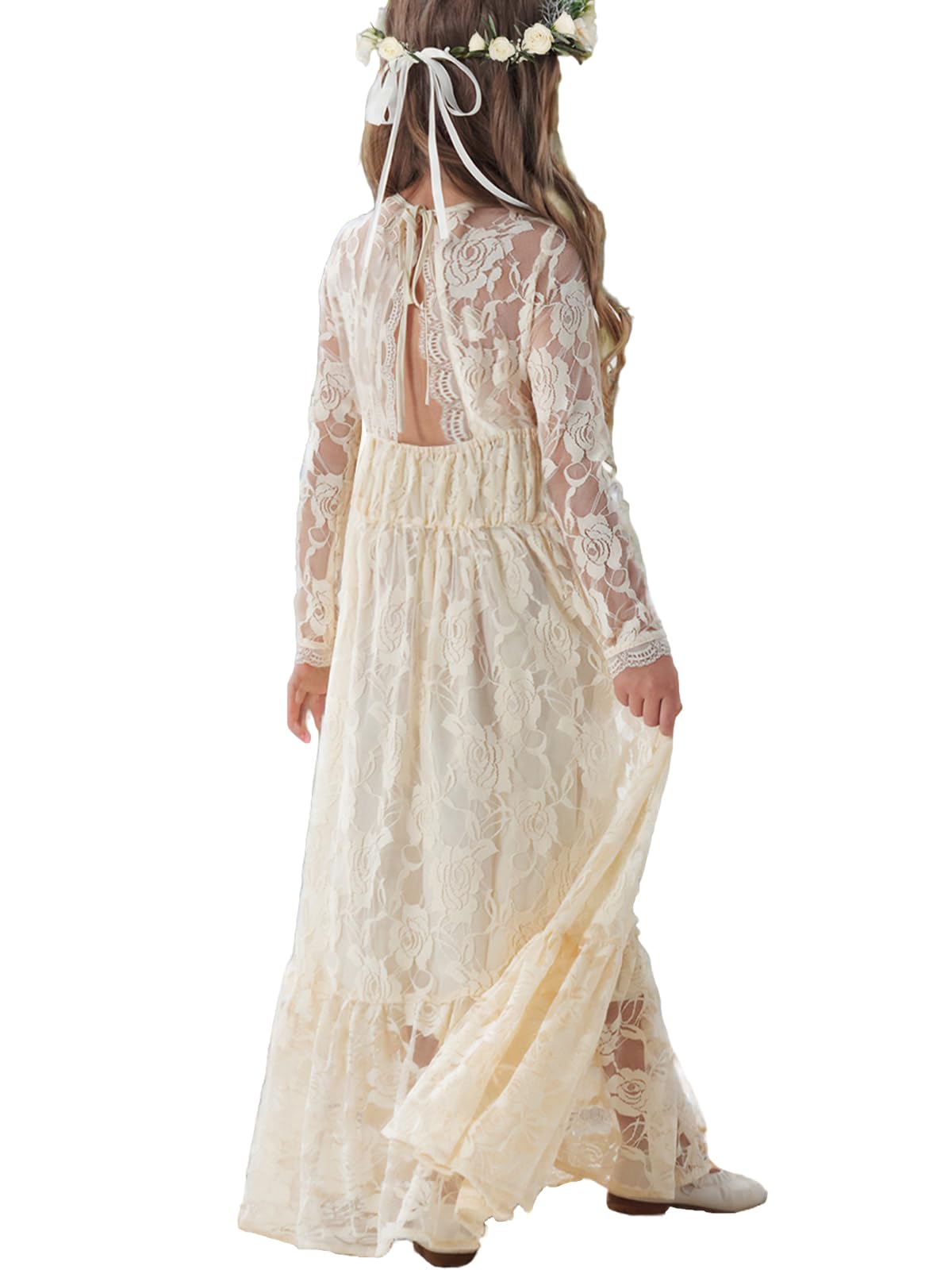 ALLOVIN Kleinkinder & Mädchen Oster Langarm Spitzen Blumenmädchen Kleid für Hochzeit Taufe Erstkommunion Maxi Boho A-Linie 3-12 Jahre