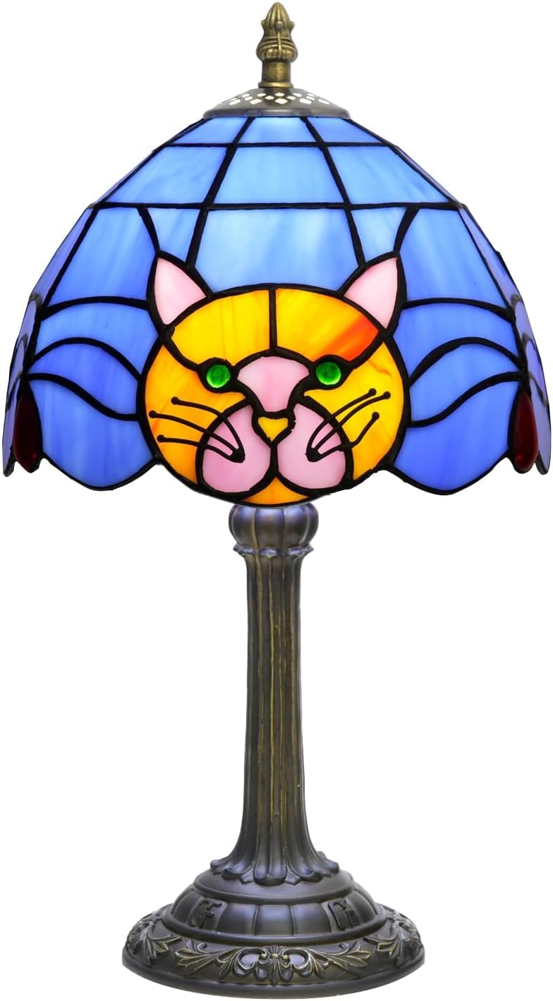 Stained Glass Table Lamp 8 Inch Orange Warm Ambient Lighting Bedroom Small Nightstand Dorm Cafe Office Corner Vintage Home Decoration Table Lamp Blue Cute Cat Lamp
