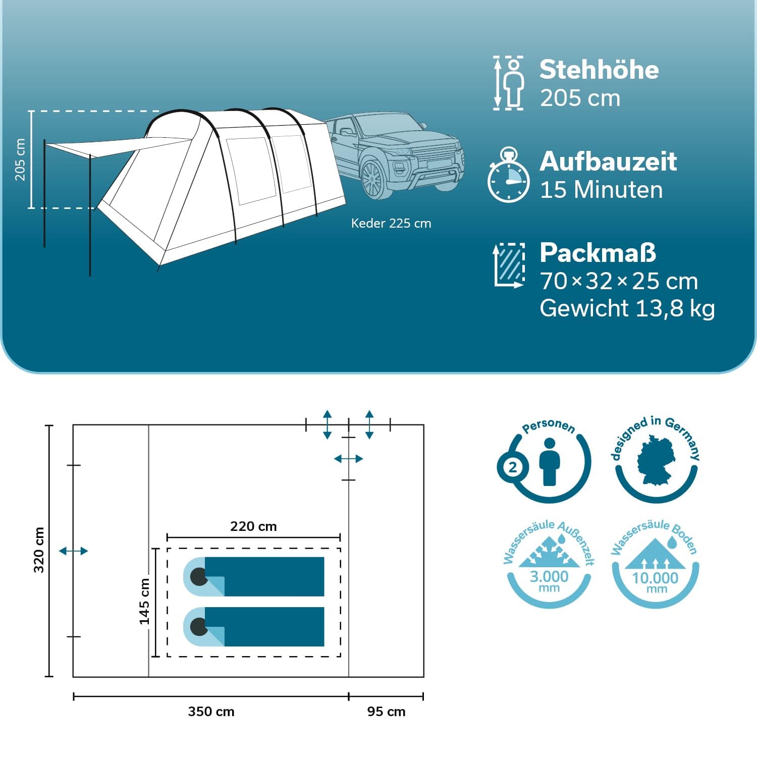 Skandika Busvorzelt Camper Tramp 2 Protect XL | Vorzelt für 2-4 Personen, eingenähter Boden, wasserdicht, 3000 mm Wassersäule, freistehend nutzbar | Zelt für Van, Minivan, Outdoor, Camping, Roadtrip