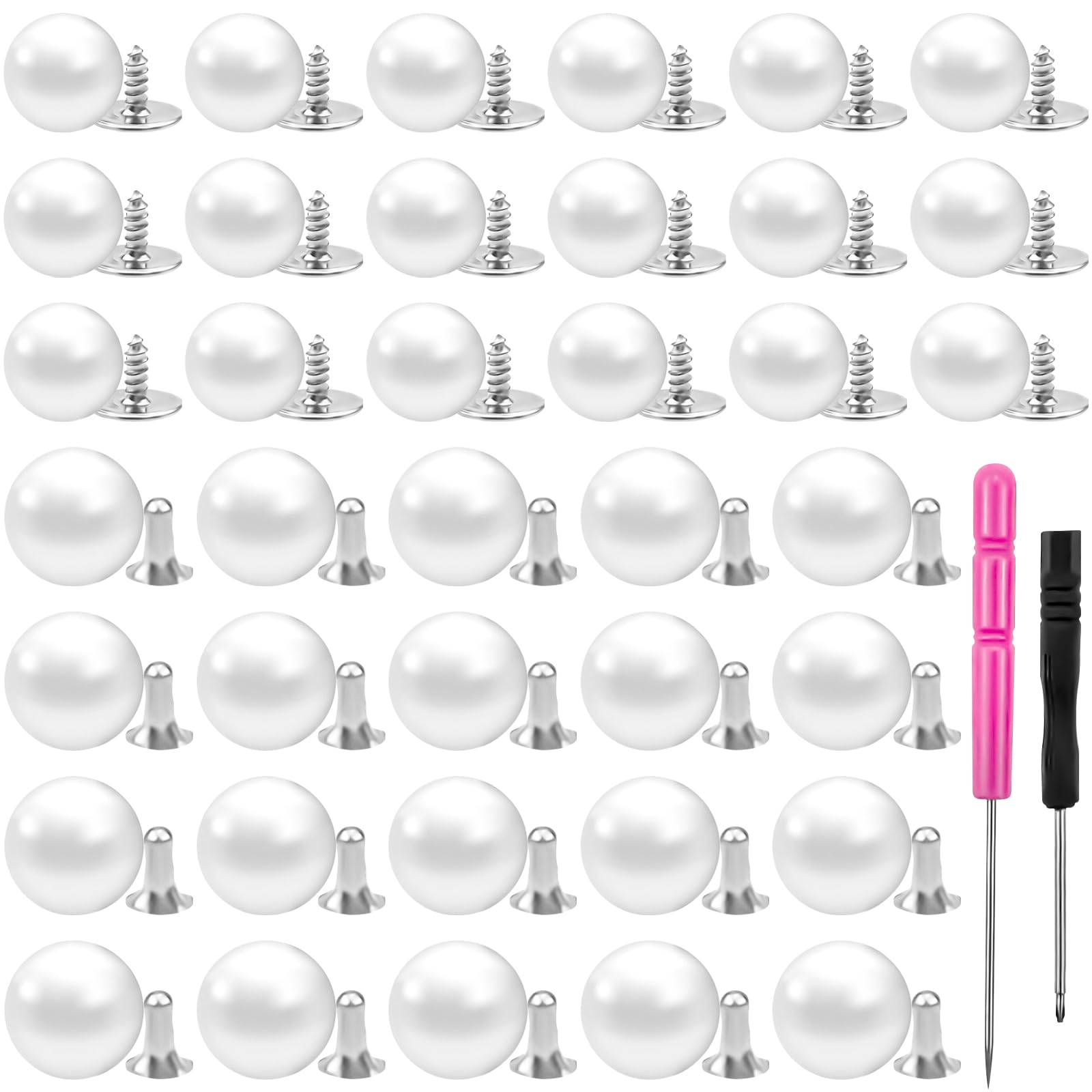 View 1 of 100 Sets Pearl Brooch Buttons - No Sew Cover Up Buttons, Screw Rivets, Studs, Removable Reusable Pearl Safety Pins for Clothes, Dress Shirt, Cardigan Decorations, DIY Crafts, Sewing