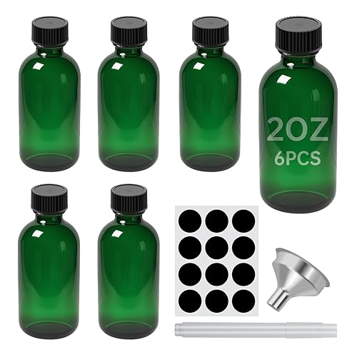 6Pcs Green 2 oz Glass Boston Bottles with Black Poly