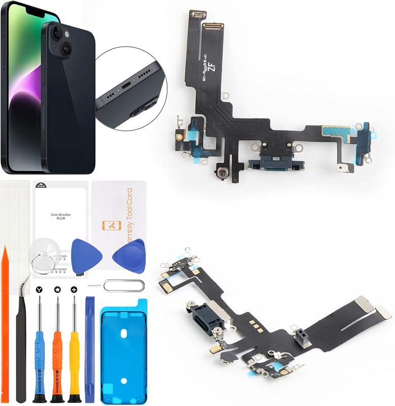 for iPhone 14 Lightning Charging Port Replacement (Midnight) USB Dock Connector Flex Cable Assembly Includes Waterproof Tape & Tool Kit for A2882, A2649, A2881, A2884, A2883
