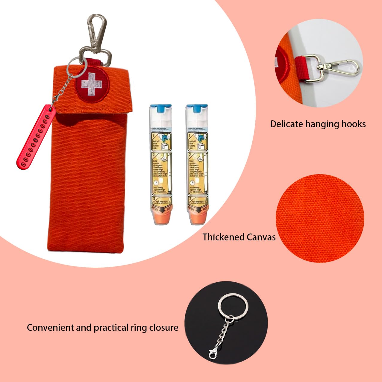 GZFQJJ 1-Piece Epipen Carrying Case, Epi Pen Carrying Case EpiPen Carrier, EpiPen Carrier Slim with Clip Epipen Holder Bag for 2 EpiPen Allergy Medical Essentials (Orange)