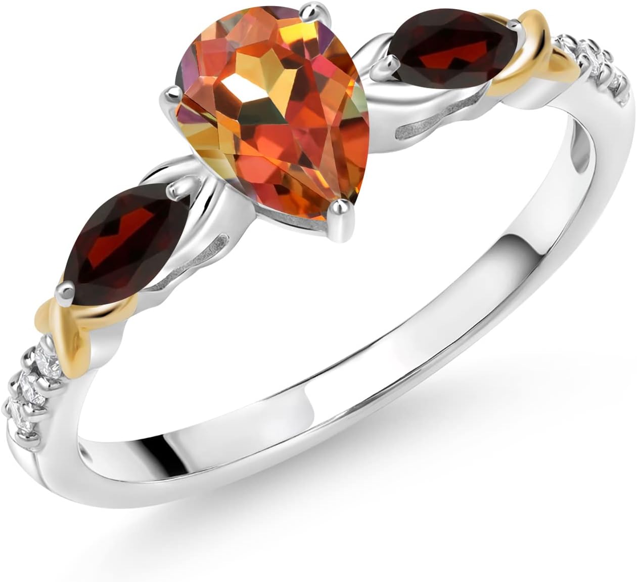 Gemstone Birthstone, Garnet and Lab Grown Diamond Two-Tone Twist Engagement Ring for Women | 925 Silver & 10K Yellow Gold | Pear 7X5MM, Marquise 5X2.5MM, Round 1.2MM | Wedding Anniversary Promise Ring