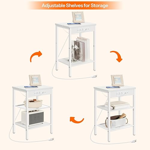 Miniatura 7 de HOOBRO Mesa auxiliar con estación de carga y puerto USB, mesa auxiliar pequeña para espacio pequeño, mesita de noche de 3 niveles con estante