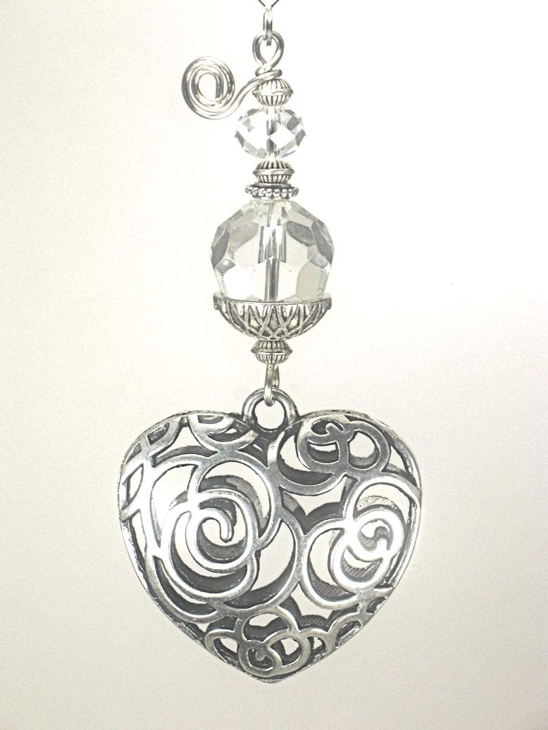 Silvery Puffed Scrollwork Heart and Crystal Clear Glass Light or Ceiling Fan Pull