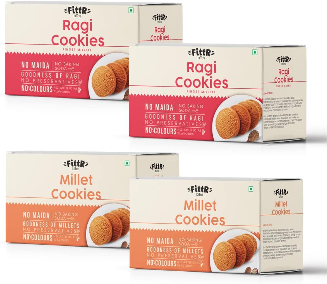 FittR Bites Multi Millet & Ragi Cookies Combo Pack, Pack of 4 Boxes, 100% Natural & Healthy Snack, 100 GMS Each Box - Fittrbites