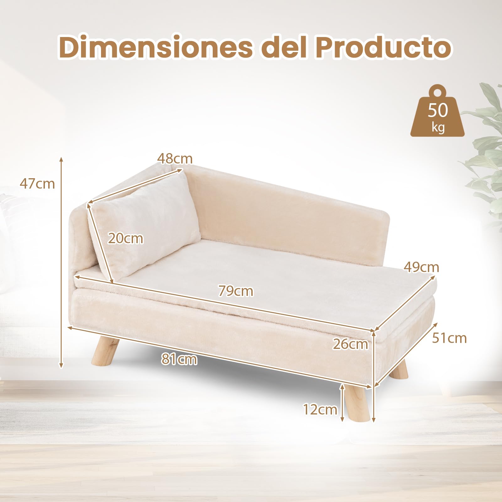 GOPLUS Sofá para Perros, Cama Elevada para Perros con Respaldo Alto, Cojín Acolchado Extraíble y Patas de Soporte de Madera Maciza, Sofá Lavable para Perros y Gatos Medianos y Pequeños (Blanco)