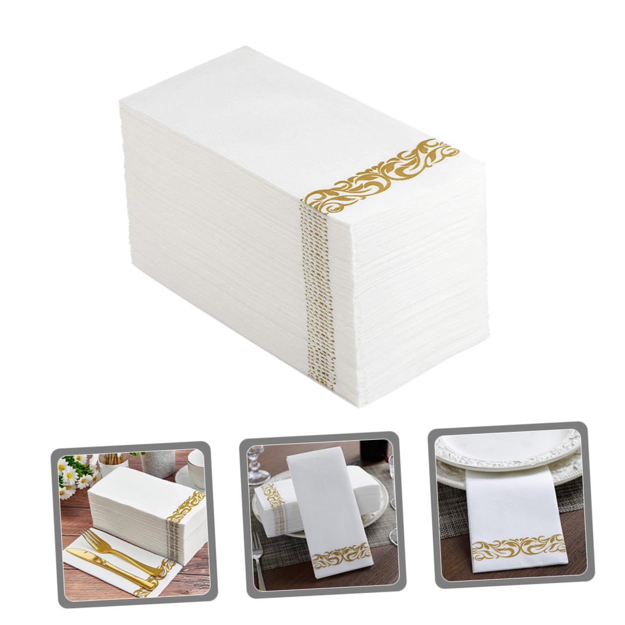 100 Stück Einweg Gästetücher Weiße Weiche Papierservietten mit Goldener Prägung Dicke Gefaltete Party Servietten für Hochzeit Geburtstag Cocktail und Festliche Tischdekoration