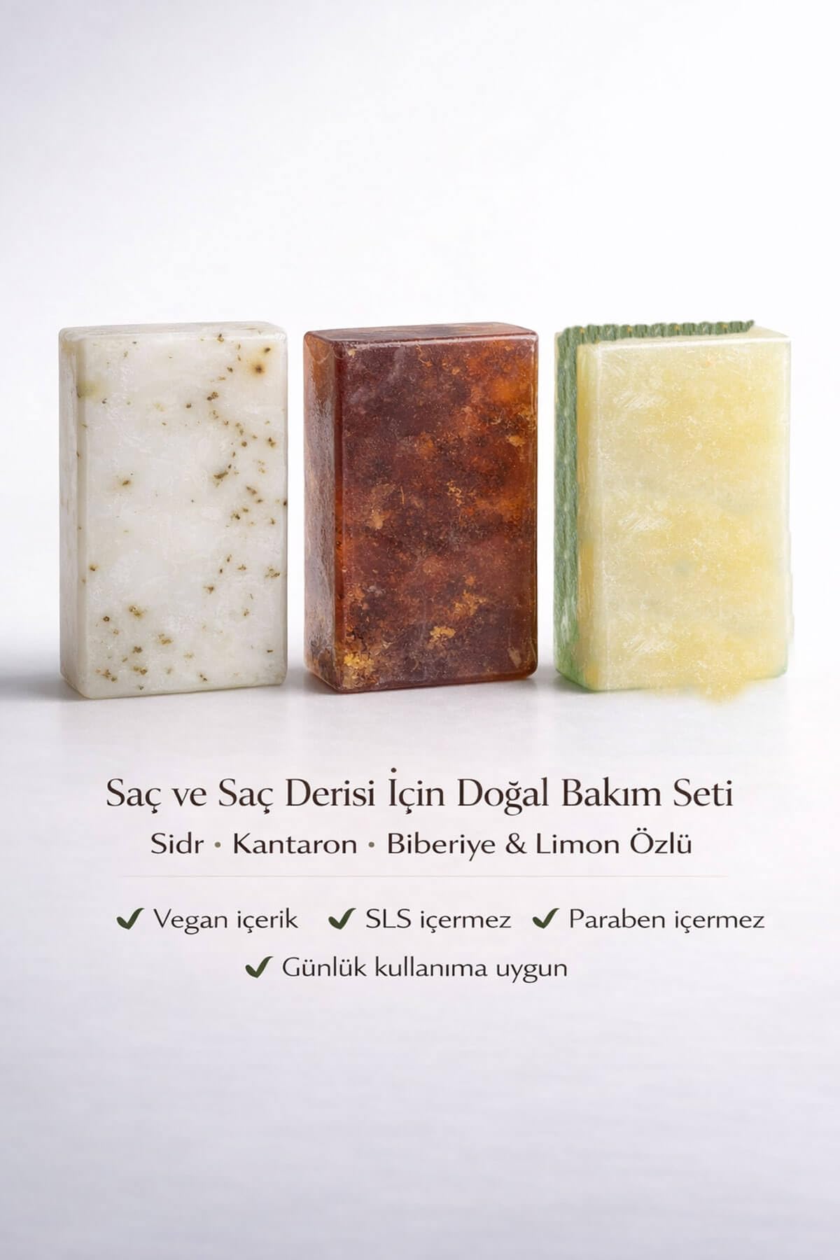 Saç ve Saç Derisi Bakımı için Onarıcı Doğal Sabun Seti, Kepek Karşıtı, Sidr Kantaron Biberiye Limon