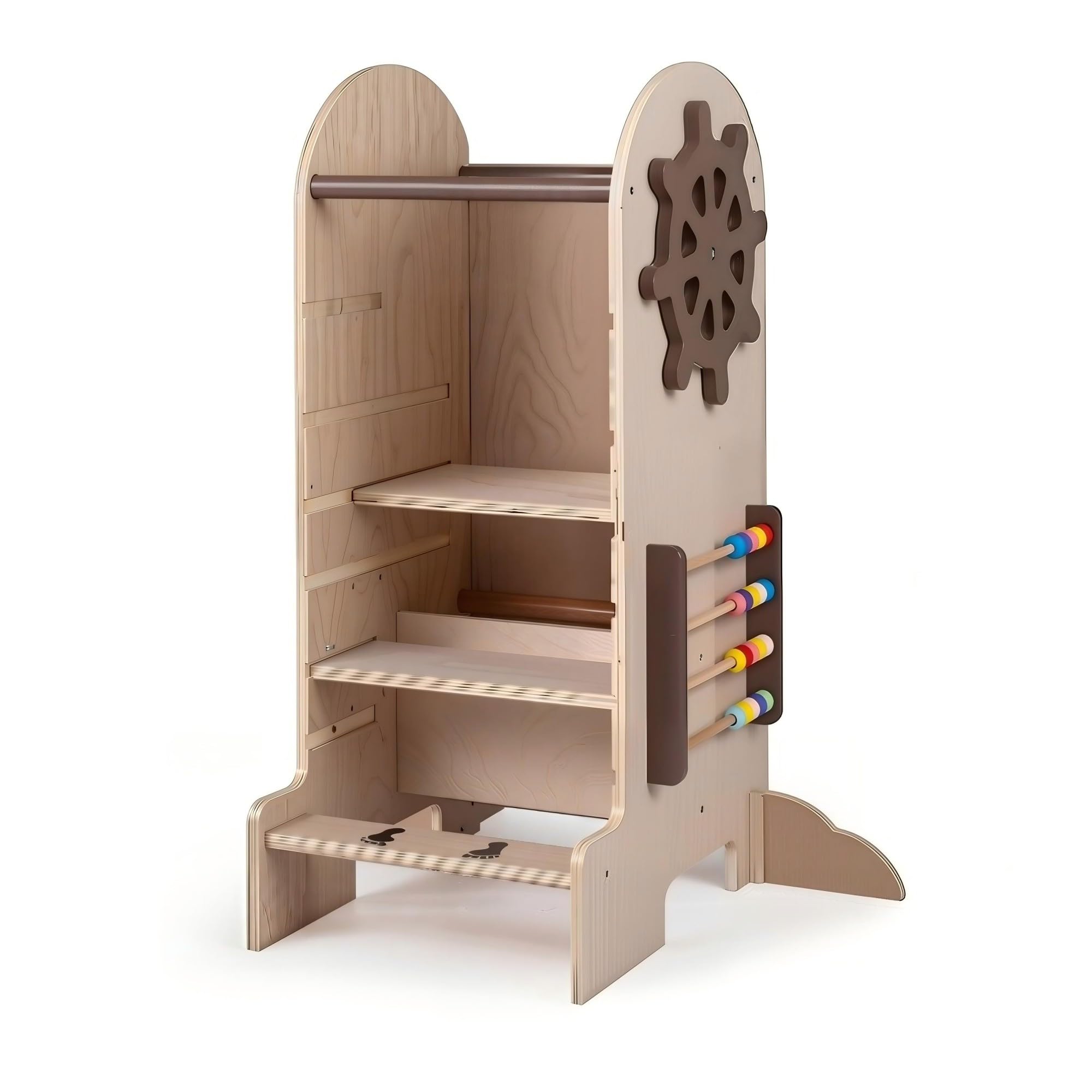 DREAMADE 4 in 1 Lernturm mit Rutsche, Trittleiter mit 3 verstellbaren Höhen | Tritthocker Montessori mit Abnehmbarer Tafel & Spielbrett, Learning Tower aus Buchenholz, Trittschemel für Kinder ab 3 Jahr