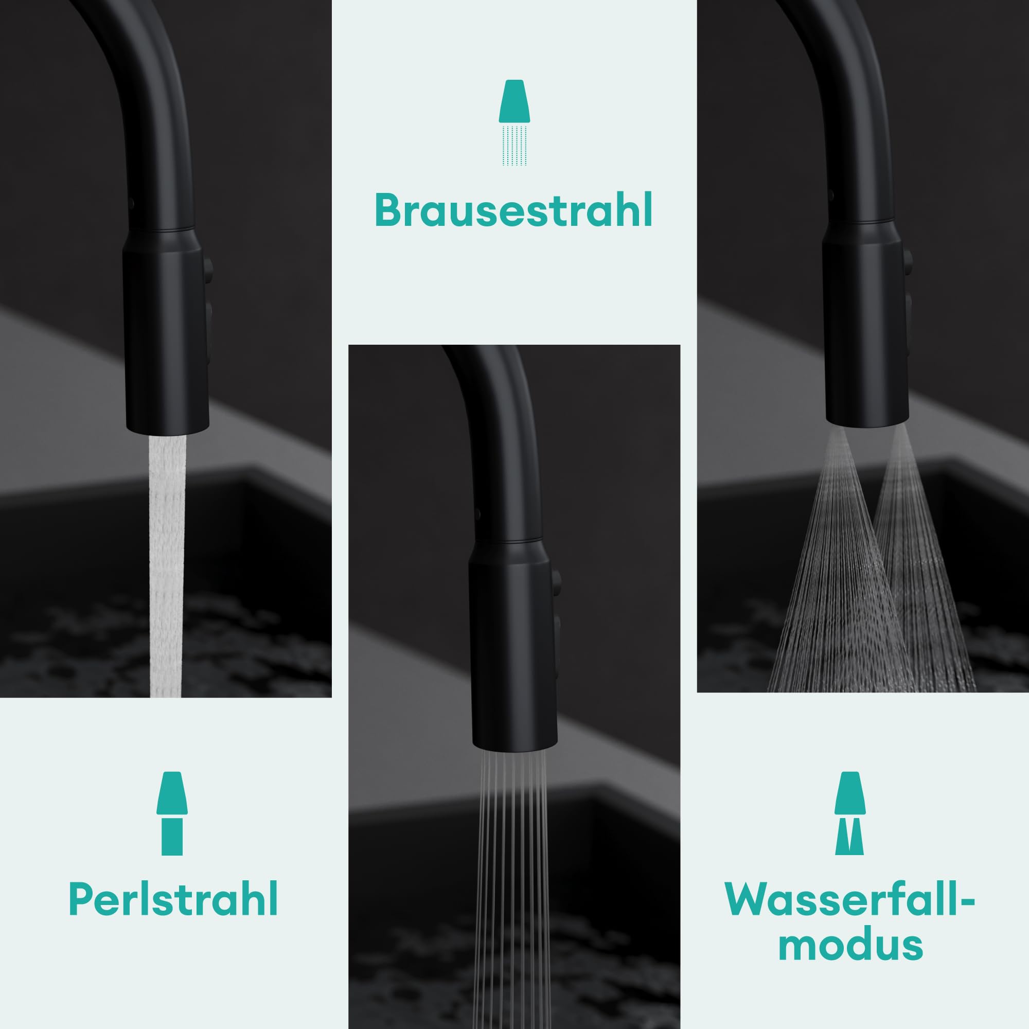 Mai & Mai Wasserhahn Küche ausziehbar, Küchenarmatur mit LED-Digitalanzeig | 360° drehbar Einhebelmischer Küche, 3 Wasserstrahl-Modi, Küchenwasserhahn Spültischarmatur Schwarz MS-8085