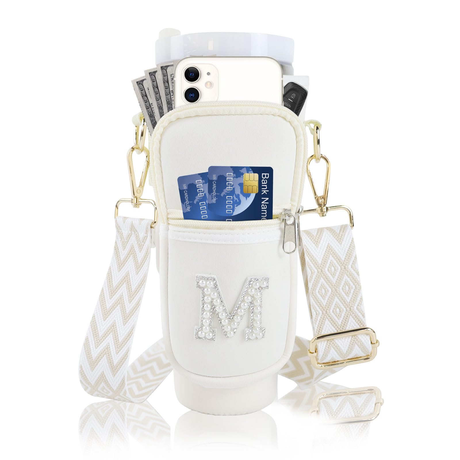Initial A-Z Water Bottle Carrier Bag with Strap for Stanley 40oz Tumbler, Personalized Water Bottle Holder Pouch with Pearl Letter Phone Pocket for Stanley Cup Accessory Custom Gift for Women Beige M