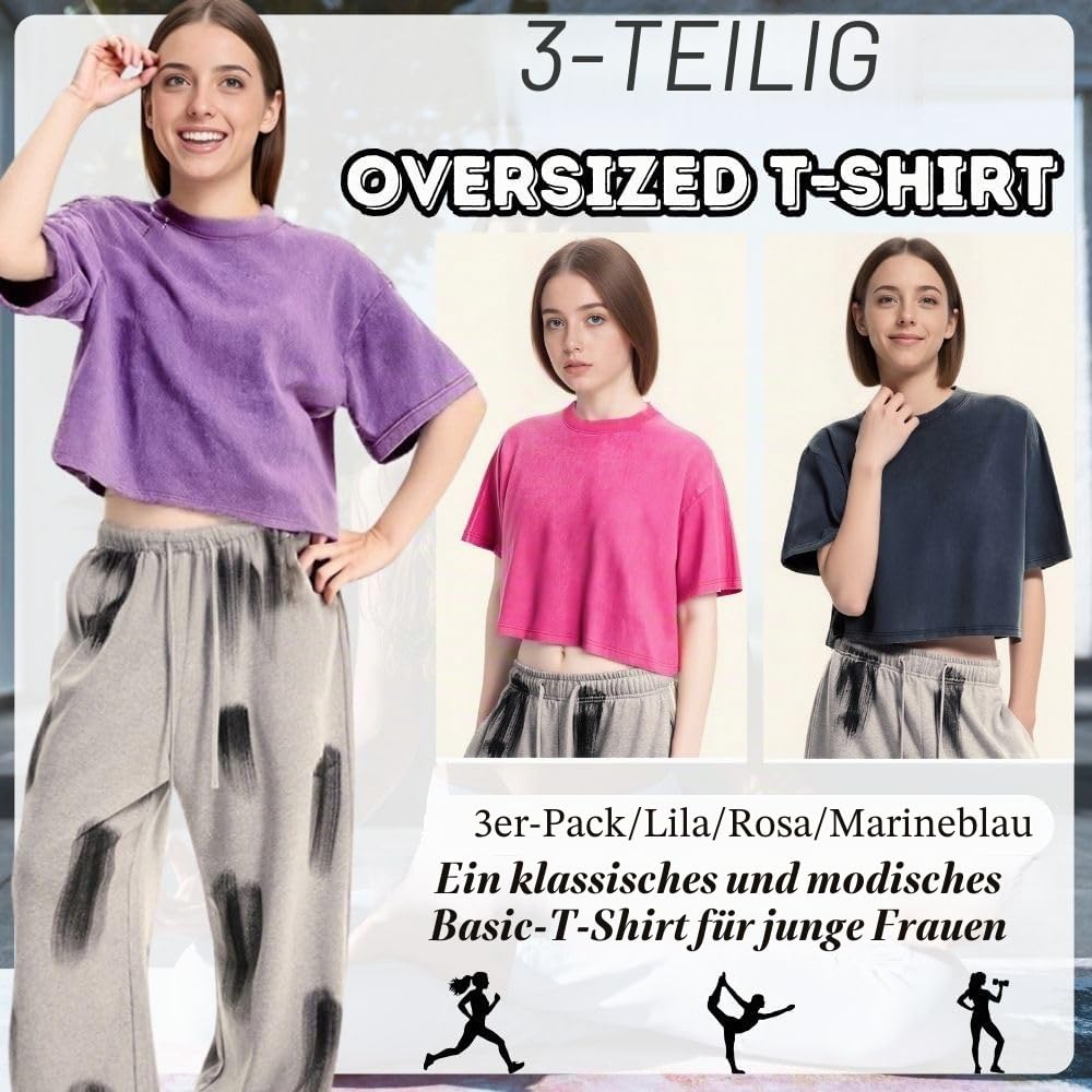 Damen Oversized T-Shirt, 3er-Pack Kurzarm-Crop-Tops, Rundhals-Mode-T-Shirt, T-Shirt Sommer Hip Hop Streetwear