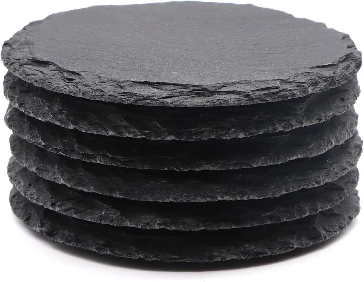 VIBRATITE Paquete de 6 posavasos redondos de pizarra negra de 4 pulgadas | Espacios en blanco para grabado láser, textura de piedra Natural, bordes irregulares, proyectos de manualidades DIY, parte inferior antiarañazos, decoración de bar para el hogar