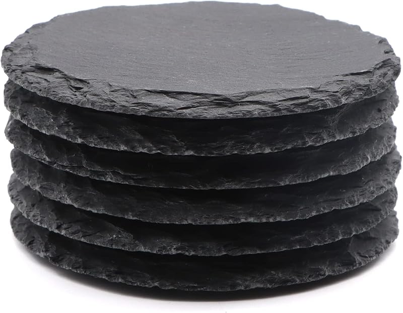 VIBRATITE Paquete de 6 posavasos redondos de pizarra negra de 4 pulgadas | Espacios en blanco para grabado láser, textura de piedra Natural, bordes irregulares, proyectos de manualidades DIY, parte inferior antiarañazos, decoración de bar para el hogar