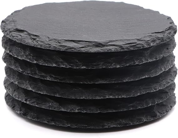 VIBRATITE Pack of 6 Slate Coasters 4 Inch Black Slate Stone Drink Coasters Glass Coasters with Anti-Scratch Base for Laser Engraved Coffee Bar Kitchen Home Decoration Round