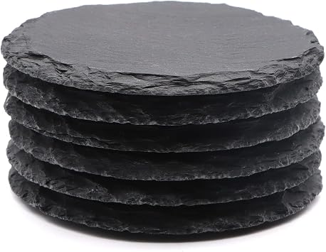 VIBRATITE Pack of 6 Slate Coasters 4 Inch Black Slate Stone Drink Coasters Glass Coasters with Anti-Scratch Base for Laser Engraved Coffee Bar Kitchen Home Decoration Round
