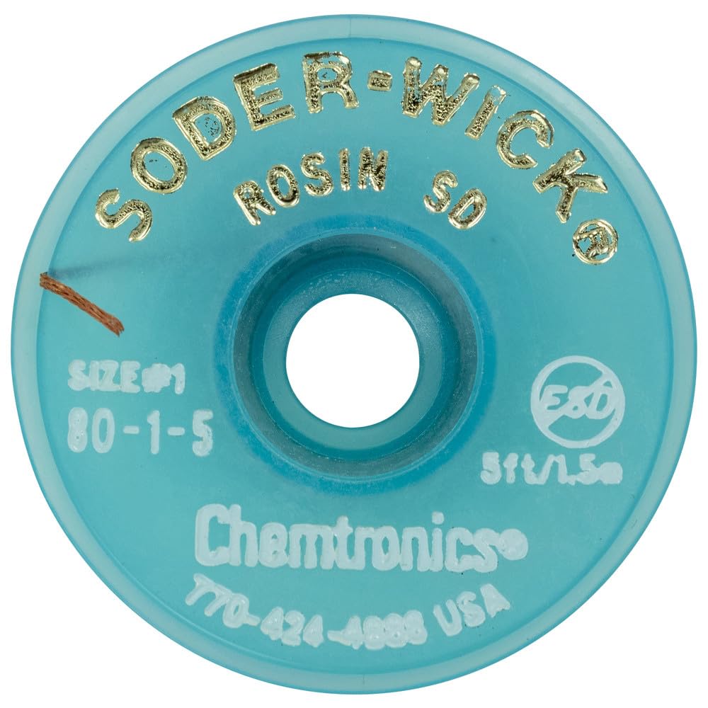 Chemtronics Soder-Wick-Rosin - Calotta dissaldante, 0,8 mm, 1,5 m, 80-1-5 (filo dissaldante Chemwicks Solder-Wicke), MIL-F-14256F tipo R, NASA STD-8739.3 Soldered Electrical Connections