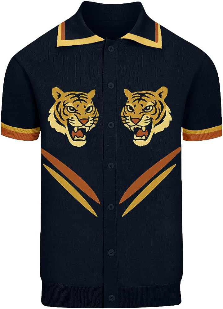 OXKNIT Men's Knit Polo Shirt, Retro Tiger Pattern Cardigan Polo Button Down Short Sleeve Shirt, Dark Blue