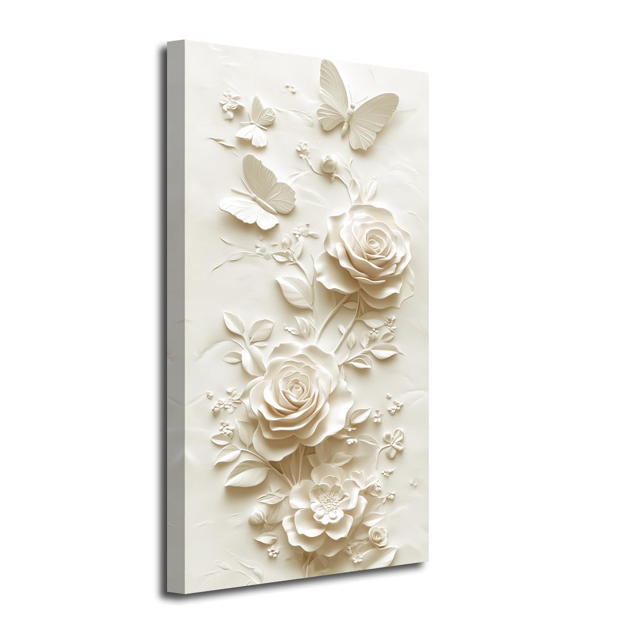 LZIMU 3D Flower Wall Art White & Beige Rose Painting Textured Floral Picture Prints Minimalist Canvas Art Modern Neutral Decor for Living Room Bedroom Framed (Ivory, 56" L x 28" W)