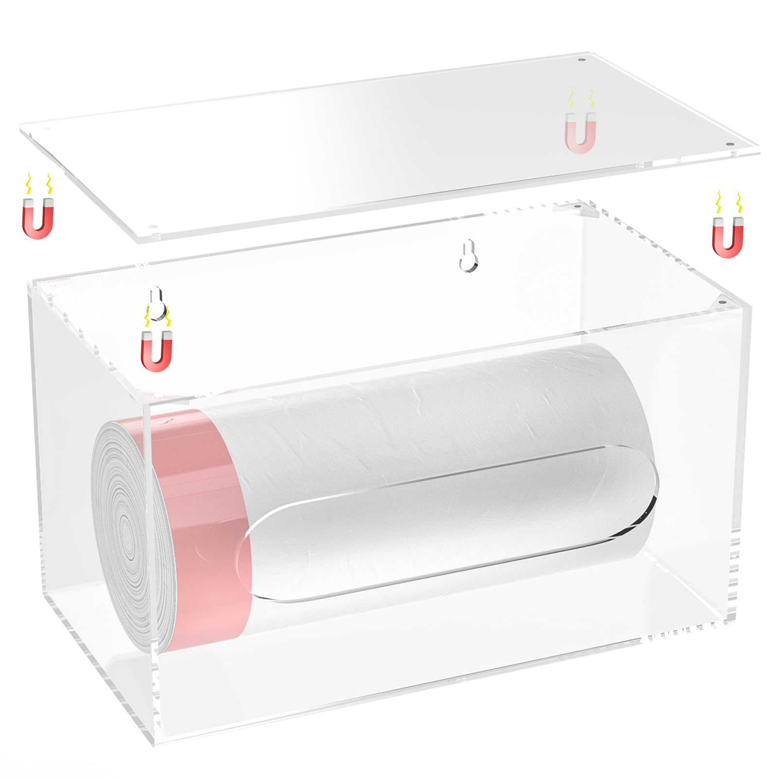 NiHomeWall Mount Clear Acrylic Trash Bag Dispenser with Magnetic Lid, Space-Saving Elegant Design with Two Installation Options, Fits Standard Trash Bag Rolls (Not Compatible with Costco Bags)