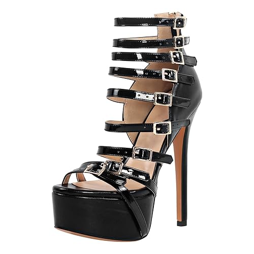 richealnini Women's Crisscross Platform Stiletto High Heels Strappy Sandals with Zipper